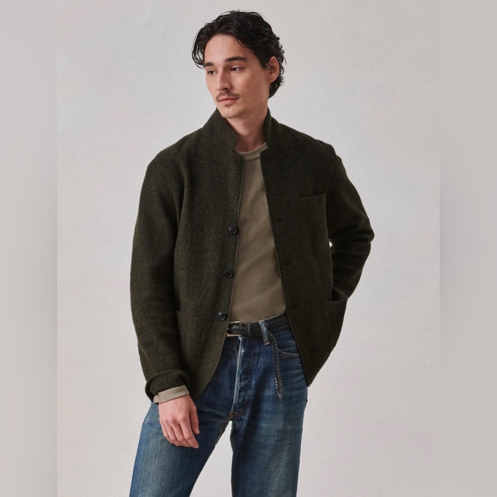 Buck Mason Felted Chore Coat in marled olive.